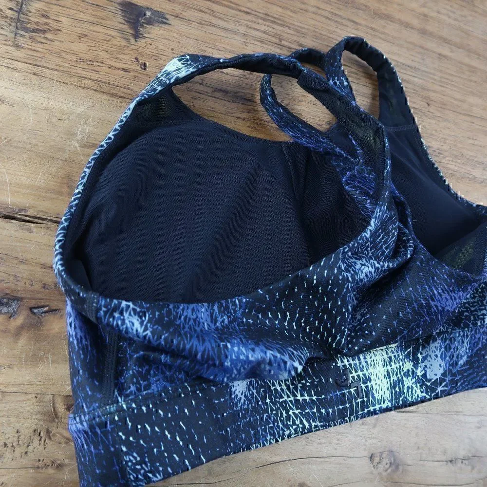 JOYLAB BLACK BLUE & YELLOW SPACE DESIGN SPORTS BRA WITH DOUBLE STRAPS SIZE XS